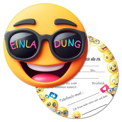 Hibarby Einladungskarten Kindergeburtstag 15x Lächeln A6, Rund Lächeln Smiley Geburtstagseinladungen für Jungen und Mädchen, Geburtstag Einladung für Themed Party