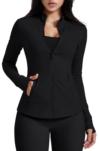 AVGO Women's Workout Jacket Full Zip Up Running jackets Long Sleeve Slim Fit Yoga Athletic Tops With Pockets & Thumb Holes (Black, Small)
