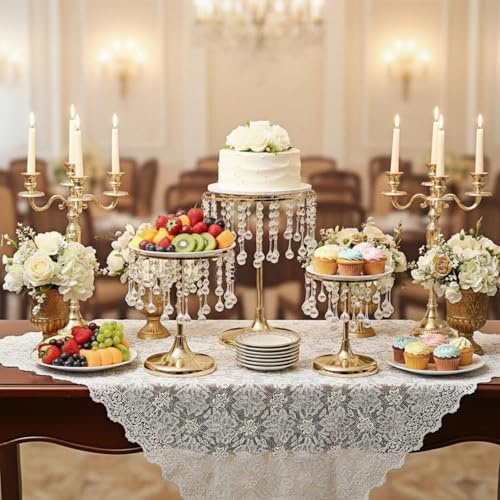 AFOLOREET 3 st kristallguld tårtställ med elegant hänge – rund metall bröllop efterrätt och muffinshållare för födelsedag, årsdag, baby shower festvisning (S+M+L)