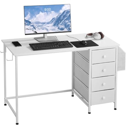 VEVOR Mesa de Estudio 120 x 50 x 75 cm, Escritorio de Ordenador con Cajones de Tela, Tablero de Partículas y Soporte de Metal, Mesa de Escritura Carga de 99 kg, para Oficina, Estudio, Casa, Blanco