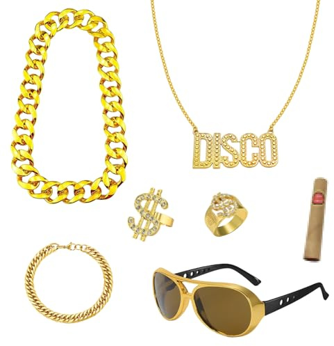 7 Stück Zuhälter Kostüm Accessoires Set für Herren, Retro Disco & Hip Hop Schmuck Set, DISCO Goldkette, Armband, Dollar Ringe, Sonnenbrille & Zigarren-Attrappe für Karneval, 70er 80er 90er Jahre Party