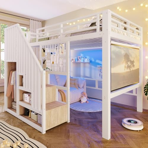 Merax Hochbett 140x200 cm mit Treppe und Stauraum, Metallbett Jugendbett mit LED-Beleuchtung, Gitterwand & Leinwand-Halterung, Platzsparendes Bettgestell (ohne Matratze & Leinwand), Weiß