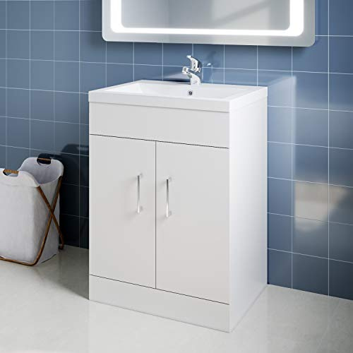 ELEGANT Premium 595m Vanity Sink Unit with Vitreous Basin | Floor Standing Vantiy Cabinet with Sink, White Matte Painted Bathroom Vanity Storage with 2 Shelves