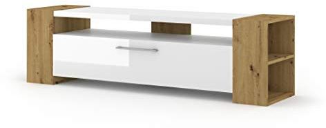 BIM Furniture Lowboard TV-Schrank Livia 160 cm Kommode TV Tisch Sideboard Hi-Fi Regale Hochglanz (Artisan Eiche/Weiss Glanz)