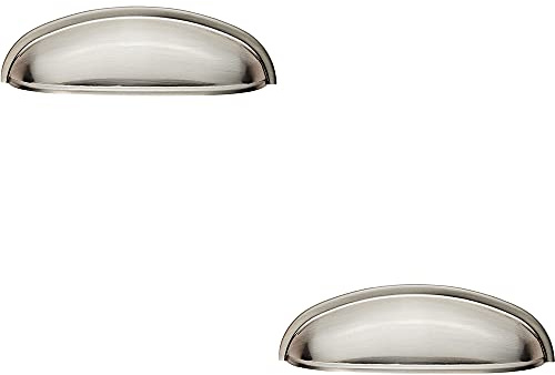 2 Pack | Shaker Cup Pull Handle - 124 x 35mm - 96mm Fixing Centres - Satin Nickel | Pull Handle for Lightweight Internal Cupboard Doors - Metal Cabinet Cup Pull Handle - Kitchen Drawers