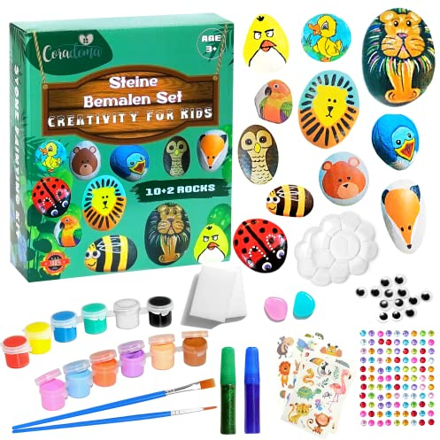 Coradoma Steine zum Bemalen DIY Set mit 10+2 Steine | Bastelset Kinder ab 3 Jahre Junge und Mädchen Geschenke Kindergeburtstag | Rock Paint Kit mit Aufkleber und Stifte für Kreatives Malen