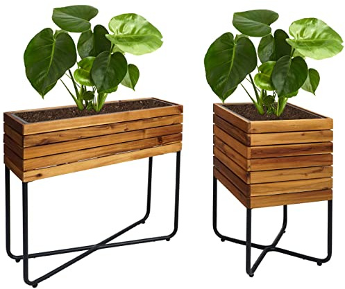Mendler 2er-Set Pflanzkasten HWC-L25 Akazie, Holz, braun | Blumenkasten, rechteckig quadratisch Outdoor, Stahl FSC®-Zertifiziert