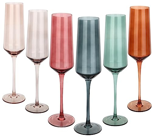 Colored Champagne Flutes Set of 6, Large 8 Oz Hand Blown Crystal Glasses, Lead-Free Colorful Glasses, Italian Style Tall Stemmed Glassware-Elegant Gift Box for Wedding, Party, Holidays, Birthdays