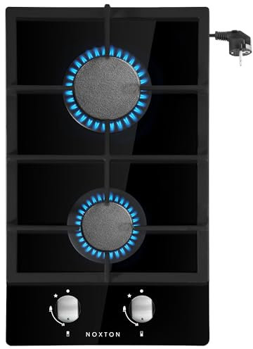 NOXTON Einbau Gaskochfeld 2 Flammig Ignito Domino Kochfeld, Glas Gasherd mit Stecker, Gusseisen-Pfannenhalterung, LPG Kit für Gas/LPG