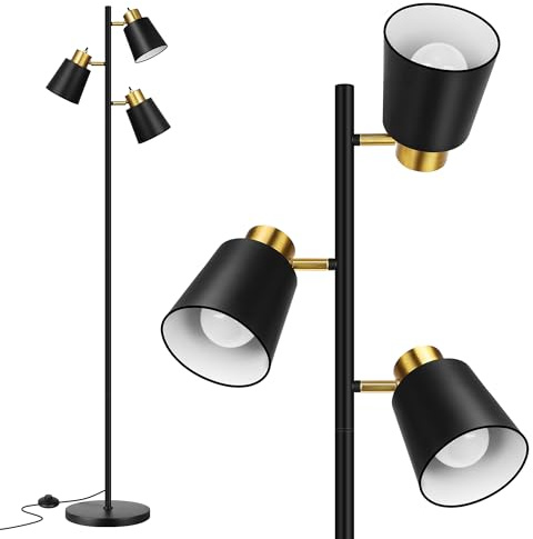 QiMH Tree Floor Lamps for Living Room, 67 Modern Standing Floor Lamp with 3 LED Bulb, Industrial Tall Lamp Reading Lighting for Bedroom Study Office Decor, 3 Rotatable Light Heads, Black Gold