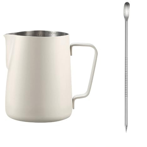 Jarsense Milk Jug, Stainless Steel Milk Frothing Jug, 350ml Milk Steam Jug Coffee Jug with Measurement Mark, Metal Milk Frothing Pitcher with Latte Art Pen for Espresso, Latte, Cappuccino - Beige