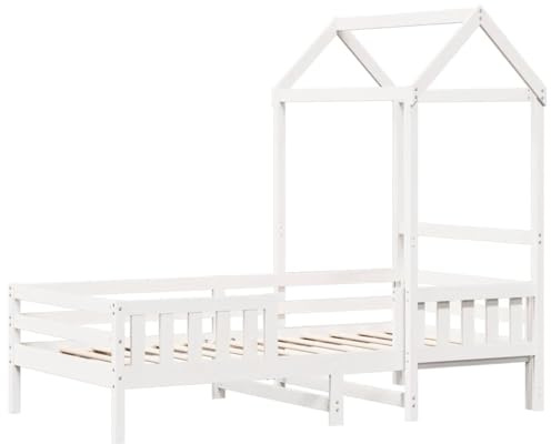 vidaXL Massivholzbett mit Dach, Bett mit Sperrholzlatten, Holzbett für Schlafzimmer, Einzelbett Bettgestell, Modern, Weiß 100x200cm Massivholz Kiefer