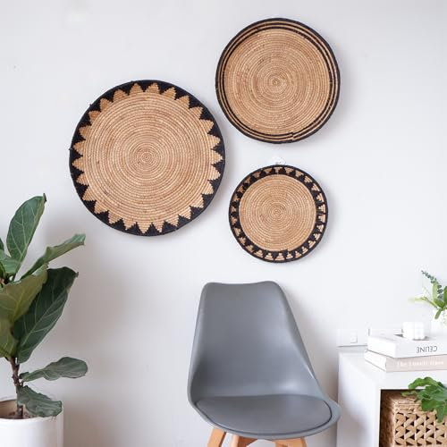 Chi An Home 55,9 cm, 48,3 cm, 38,1 cm, 3 Stück gewebte Wandkorbdekoration, Wasserhyazinthe Hängekorb für Wand, Boho, rustikal, übergroße Wandkunst für Wohnzimmer, Schlafzimmer (Schwarz)
