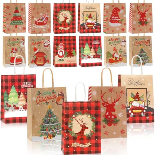 VOPIWOZ Geschenktüten Weihnachten Kraftpapier, 12 Papiertüten Weihnachten Mit Verschiedenen, Weihnachtsmustern, Weihnachtsgeschenktüten mit Griffen, Kann für Kekse SüßIgkeiten Geschenke