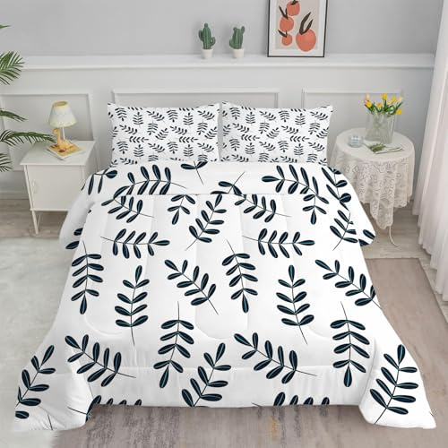 PNHCL Edredon Nordico Cama 90, Relleno Nordico 155x220 cm con 2 Fundas Almohada, Hojas Negras Reversible Edredón de Fibra 240gr/m², Ligero, Suave, Transpirable para 4 Estaciones, Blanco