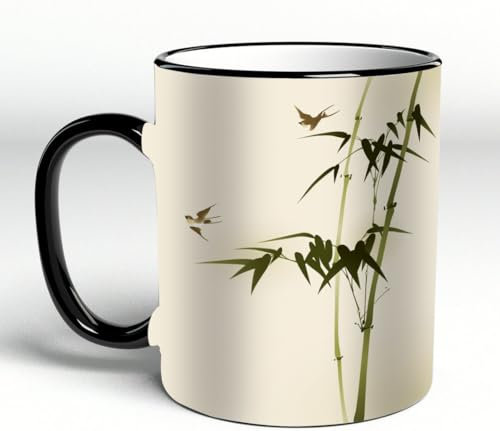 YOIUE Tasse aus Keramik - Große 11oz Tassen 330ml Kaffeetassen mit Henkel, 100% Handbemalt - Trinkgläser mit Griff - Weiß,Bambuszweige im orientalischen Stil bemalen.
