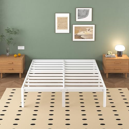 Lutown-Teen Metal Bed 140 x 200 cm with Round Legs, 36 cm Height Bed Frame Double Bed with Metal Slatted Frame, White