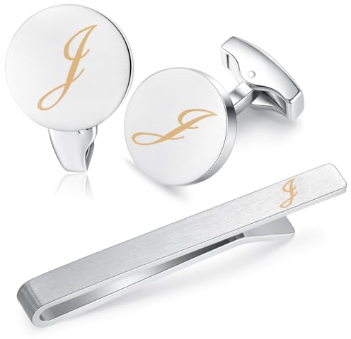 HONEY BEAR Initiale Lettre Alphabet Boutons de Manchette & Pinces à Cravate Set pour Le Cadeau affaires de Mariage de Chemise hommes Argent brossé (J Mise à niveau avec boîte)