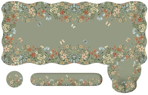 iCasso Desk Mat Set,Large Mouse Pad with Wrist Rest,Ergonomic Keyboard Wrist Support for Women,Girly Floral Computer Mat with Scalloped Edges,Non-Slip Desk Pad Home Office Gaming (Green)