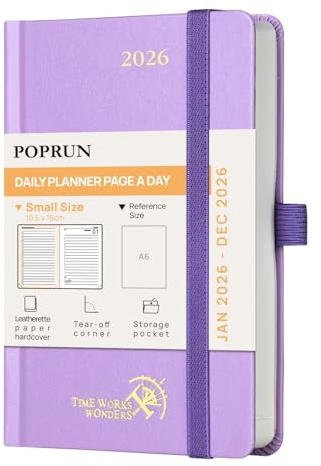 POPRUN Agenda de poche 2026 Journalier 16 x 10,5 cm - Couverture Rigide, 1 Page par Jour A6 petite Planner, D'Jan 2026 à Déc 2026, Avec signet à 2 rubans, Papier 70 g/m², Violet
