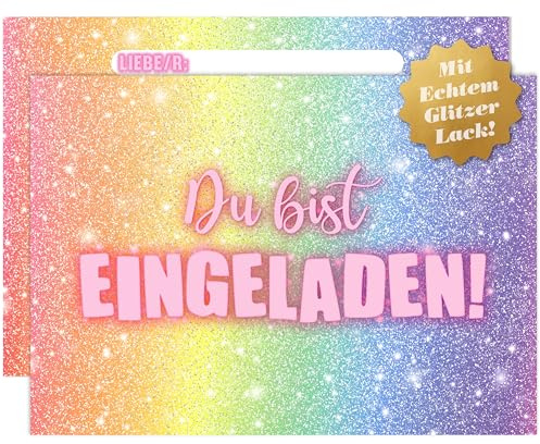 BIROYAL Regenbogen Einladungskarten Kindergeburtstag Mädchen, 13 Stück Geburtstagseinladungen Mädchen mit Umschlägen, DIN A6-300g Papier, Hochwertige Umschläge, für Kindergeburtstag Party