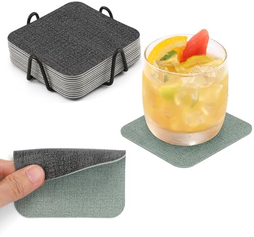 Chitomars Untersetzer Gläser 12er Set, doppelseitige Leder Glasuntersetzer | Rutschfest abwaschbare Getränkeuntersetzer Kunstleder Glas Untersetzer-Set mit Halter (Grau Salbeigrün, Quadratisch)