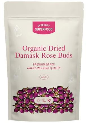 Everyday Superfood Organic Damask Dried Rose Buds 60g | Edible Food Grade | Rose Tea Loose Leaf | Herbal Tea, Jam Making, Bath Soak, Cake Decoration