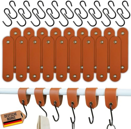 V VEJK ® 18 Haken Set – Kleiderhaken Stange – S Haken mit Lederschlaufe – Haken Garderobe für Flur, Bad, Küche – PU-Leder (Braun)