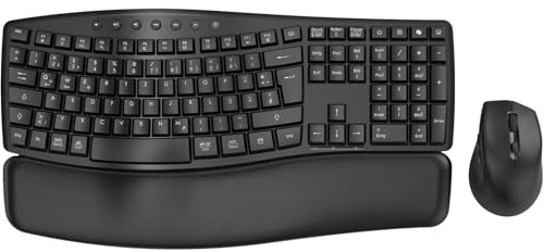 Juego de teclado y ratón inalámbrico, 30 dB silencioso, teclado ergonómico con teclas Wave y reposamuñecas suave, interruptor de sistema dual para Windows/Mac, ideal para equipos de negocios y oficina