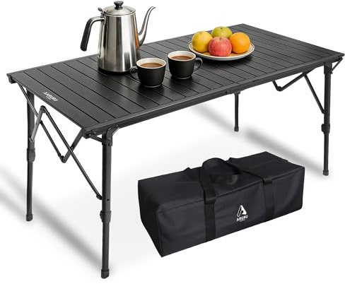 ARURU Campingtisch klappbar 128×60.5cm mit Aluminiumrahmen Aufrollbare Tischplatte Falttisch klappbar Höhenverstellung - bis 50kg inkl für 4-6 Personen