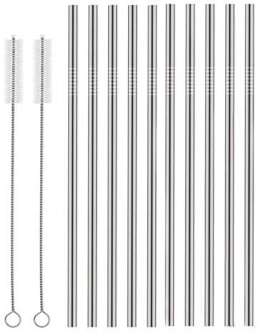 Set of 10 Stainless Steel Straws, HuaQi Straight Reusable Drinking Straws 10.5'' Long 0.24‘’ Dia for 30 oz Tumbler and 20 oz Tumbler, 2 Cleaning Brush Included (10 Straight Straw + 2 Brushes）