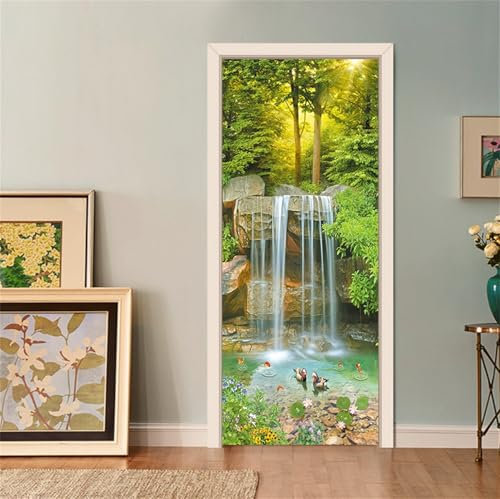 FLFK Cascade ruisseau de Montagne Autocollant Porte Affiche 3D pour Cuisine Chambre Salle de Bain Auto-adhésif Amovible Murale Décoration 77X200cm