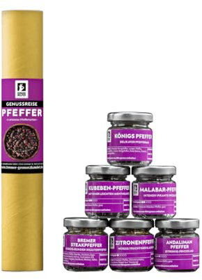 Bremer Gewürzhandel Genussreise Pfeffer, Gewürzset mit 6 verschiedenen Pfeffersorten und -mischungen, in wiederverwendbaren Gläsern, tolles Geschenk, 112g