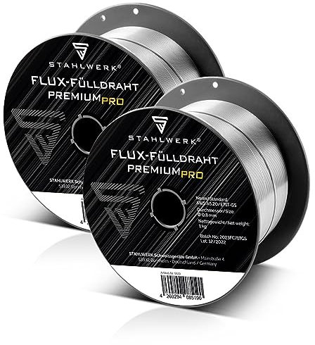 STAHLWERK FLUX Fülldraht Ø 0,8 mm 2er Set E71T-GS – je 1 kg D100-Spule für 16 mm Dorn, universell einsetzbar, selbstschützender Schweißdraht zum Schweißen ohne Gas, geeignet für viele MIG/MAG-Geräte
