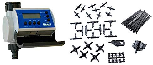 Aqua C4100 Programador de Riego para Jardín con Pantalla LCD, Hasta 8 Arranques por Día, Gris + KITG002 Pack Básico de Accesorios de 4 mm para Todo Tipo de Riego por Goteo Gota, Negro