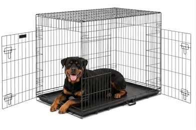 FurDreams 42 Folding Dog Crate for XL Dogs - Heavy-Duty Black Metal Cage with Front & Side Doors, Chew-Resistant Plastic Tray & Carry Handle, Quick Setup (107 × 69 × 77 cm)