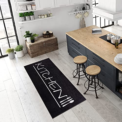 Pasha Home Küchenteppich, Flurläufer Waschbar bei 30°C, rutschfest, Pflegeleicht - Teppich für Küche, Eingang, Wohnzimmer - Kitchen-Schwarz, 80 x 200 cm