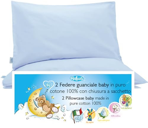 4BABIES-Kissenbezüg 40x60 Kinder - 2er Set Kopfkissenbezug mit Beutelverschluss 100% Reiner Baumwolle -Made in Italy- ÖEKO-TEX Zertifiziert - HIMMELBLAU