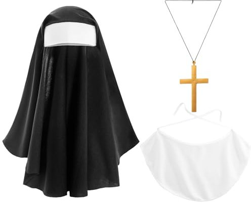 Agoky Damen Halloween Nonnen Cosplay Kostüm Zubehör Schwarz Nonnenhaube Kreuz Halskette Halskragen Nonnenkostüm Set Kloster Nonnen Rollenspiel Type A Einheitsgröße