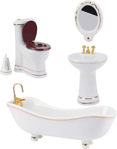 KENANLAN 5 Pieces Dollhouse Furniture Bathroom Set,1:12 Miniature Dollhouse Furniture Toys,Bathroom Accessories, Ceramic Bathtub Toilet Sink Kit for Dollhouse