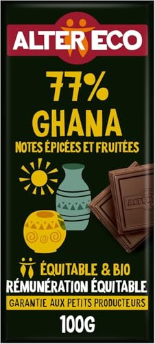 ALTER ECO - Chocolat Noir 77% - Ghana - Bio & Équitable - 100 g | Tablette de chocolat Bio - Notes épicées et fruitées - Commerce Equitable