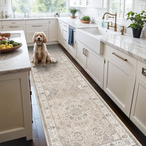 Hallway Washable Runner Rug - 2'6x12 Kitchen Rugs Entryway Rug Runner Vintage Soft Floor Mat Non Slip Indoor Farmhouse Carpet for Bathroom Living Room Bedroom (2'6''x12', Beige)