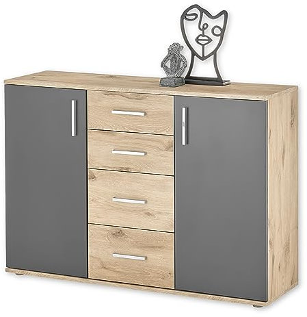 Stella Trading 1040 Sideboard in Grau, Viking Oak Optik - Moderne Kommode mit Schubladen und viel Stauraum - 120 x 84 x 35 cm (B/H/T)
