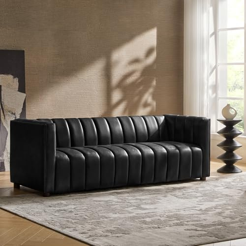 HULALA HOME 83 Genuine Leather Sofa with Channel Tufted Design, 3-Seater Sofa for Living Room Bedroom, Modern Oversized Couch with Wood Legs, Black
