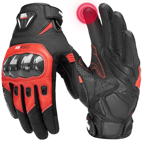 KEMIMOTO Guanti da Moto da Uomo, In Pelle di Capra con Cuscinetti Antiscivolo, Touch Screen, Guanti Protettivi per Motocross, Scooter, Ciclomotori, Quad, Paitball, ATV