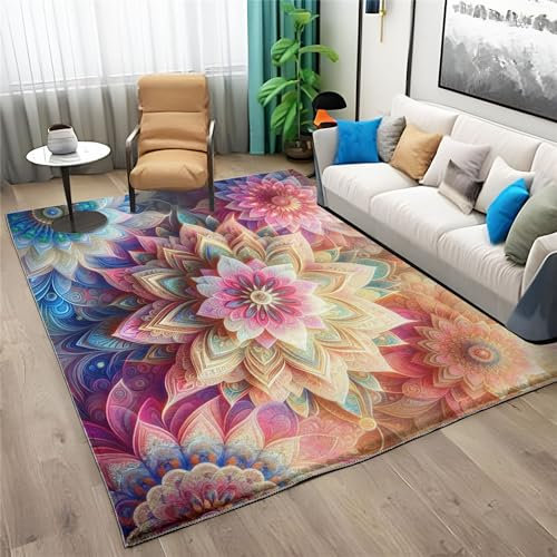 Teppich Kinderzimmer 180x240cm Antirutsch Rechteck Teppich für Wohnzimmer und Schlafzimmer, BöHmischer Mandala-Druck Waschmaschinenfest, Flanell Kurzflor Eingangsmatte Bunt