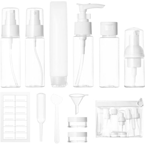 Lot de 12 Flacon Voyage kit, Contenant de Voyage à Remplir 30/50 ml, Flacons Pulvérisateurs Vides Transparents, Petite Boîte de Crème, Distributeur de Mousse Savon Shampoing, Accessoire Voyage Avion