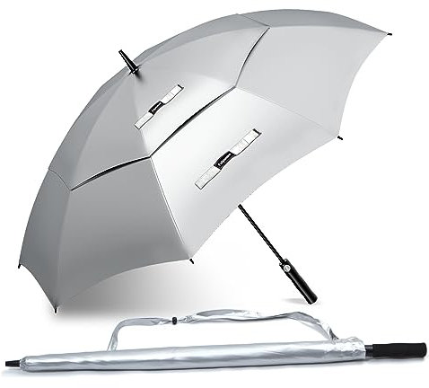 Fulynmen Sonnenschirm, UV-Schutz, winddicht, Golfschirm, Doppeldach, belüftet, automatisches Öffnen, 137 cm, Silber/Schwarz