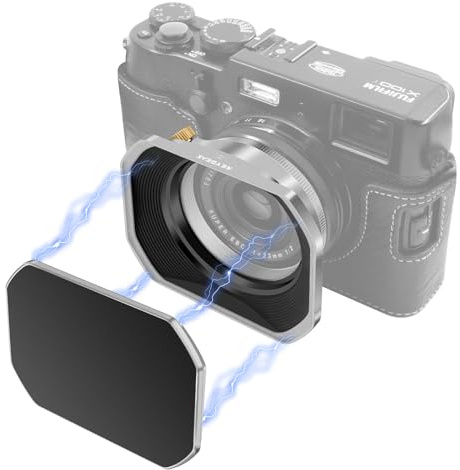 REYGEAK Gegenlichtblende aus Metall für Fuji Fujifilm FinePix X100V X100F X100 X100S X100T X70 Kamera Schwarz LH-X54B + Kapp-X54B Objektivblende mit Deckel und 49 mm Adapterring-Set (silbrig)