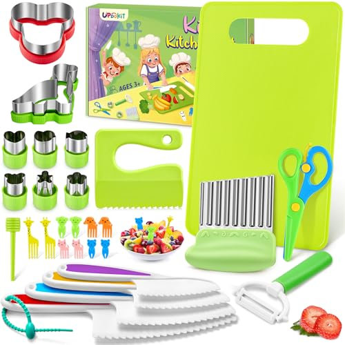 UPDOKIT Kindermesser 28-teiliges Kinder Küchenmesser Set mit Schneidebrett, Wellenschneider zum Kochen oder Schneiden von Obst Brot, Kindermesser ab 3 4 5 6 Jahre, Montessori Spielzeug Messer